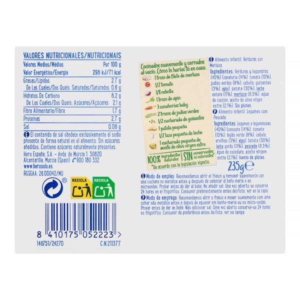 Papilla verduritas con merluza Hero Solo +6 meses