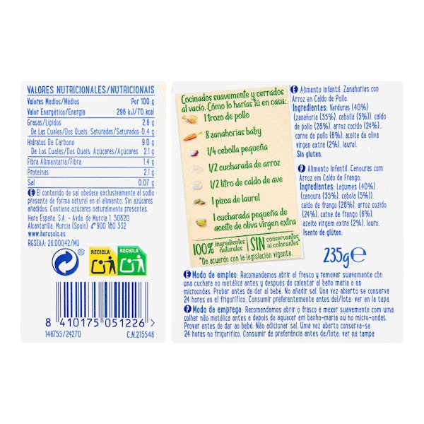 Papilla Zanahorias con Arroz en caldito de Pollo Hero Solo +6m