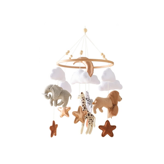 Wooden Lion Mobile on the Newborn Bed