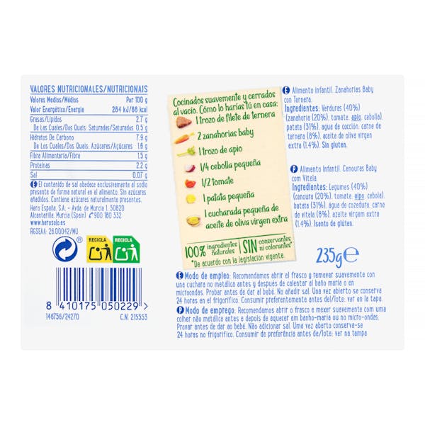 Papilla zanahorias baby con ternera Hero Solo +6 meses